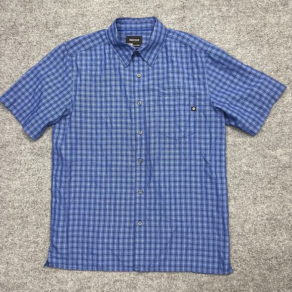 Marmot Shirt Mens Medium Blue Plaid Button Up Short Sleeve Outdoor Hiking - Picture 1 of 7